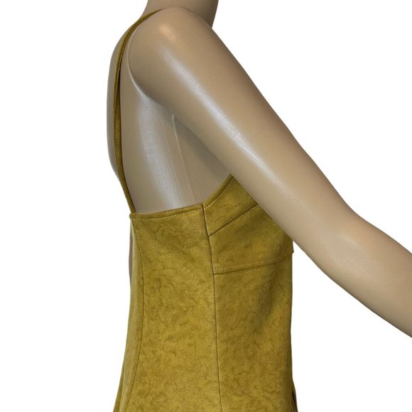 QA Shift Mini Dress Small S Yellow Sleeveless Pockets Velvet Stretch Slit Front - Picture 6 of 12